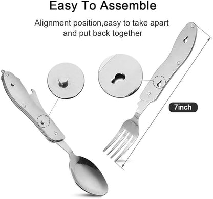 2Pcs Detachable Camping Utensils Cutlery Set, Caudblor Portable 4 in 1 Stainless Steel Travel Utensil, Foldable Knife Fork Spoon Bottle Opener, Multi Function Eating Flatware Tableware(Green Black)