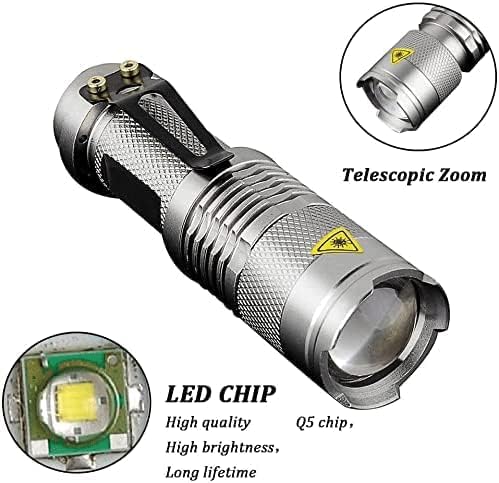 MODOAO 6 Pack,7W 300LM SK-68 3 Modes Mini Light Black Q5 LED Tactical Flashlight, LED Mini Flashlights,Adjustable Focus Zoomable Tactical Flashlight for Camping Hiking(Silver)