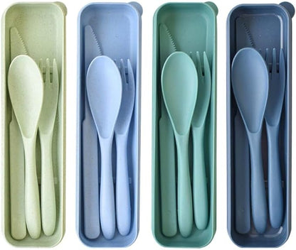 4 Set Reusable Utensils Set with Case, Travel Utensils with Case, Reusable Plastic Spoons and Forks Sets for Lunch Box Accessories, Portable Cutlery Set for Kids Adults Picnic Camping Work Use