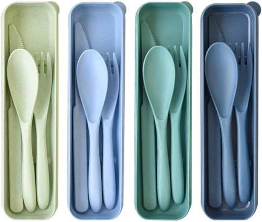 4 Set Reusable Utensils Set with Case, Travel Utensils with Case, Reusable Plastic Spoons and Forks Sets for Lunch Box Accessories, Portable Cutlery Set for Kids Adults Picnic Camping Work Use