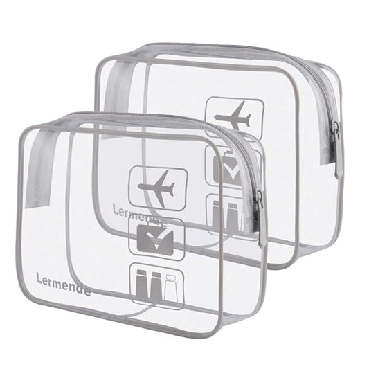 Lermende 2pcs Clear Toiletry Bag TSA Approved Travel Bag,Carry On for Travel,Airport Airline Accessories Compliant Bag,Quart Sized Makeup Cosmetic bag Women Men (Gray, 2 Pack)