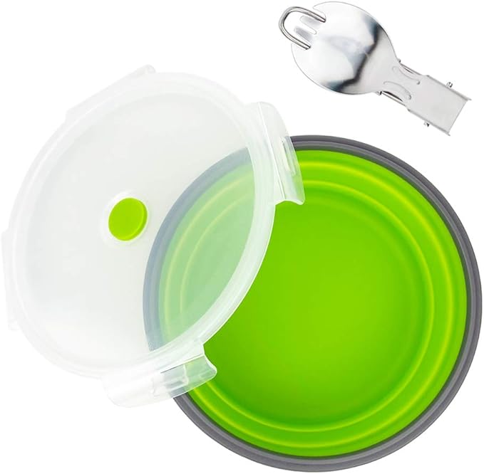 1200ml Collapsible Camping Bowl Silicone Food Storage Container with Lid and Foldable Stainless Steel Fork Spoon, for Picnic, Travel, Camping, RV, Fridge and Microwave Bowls