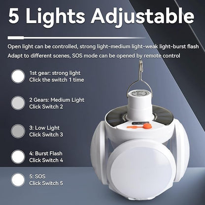 [1200 Lumens] Rechargeable Camping Lantern with Hook, IPX7 Waterproof LED Emergency Light - 1800mAh Battery, Solar/USB Charging, 5 Light Modes for Tent/Hiking/Hurricane