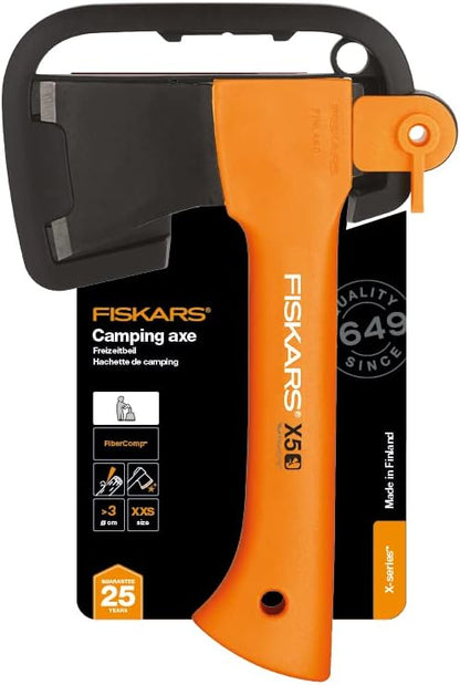 Fiskars Camping Axe XXS X5, Storage and Carrying Case Included, Length: 23 cm, Non-stick Coating, Weight: 480 g, High Steel Blade/Reinforced plastic handle, Orange, 1015617
