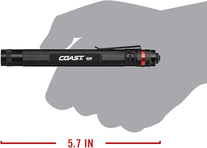 COAST® G20 Inspection Beam LED Penlight with Adjustable Pocket Clip and Consistent Edge-To-Edge Brightness, Red, 54 lumens
