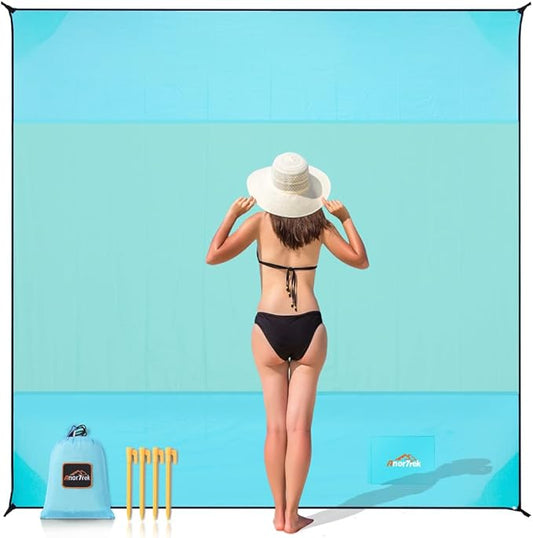 Beach Blanket Sandproof, Extra Large Beach Mat, Sand Free Mat Quick Drying, Lightweight, Soft & Durable Mat for Beach, Yard (Sky Blue & Mint Green, 10 x 10 FT (1～9 Person))
