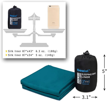 Browint Silk Sleeping Bag Liner, Silk Sleep Sack, Extra Wide 87"x43", Lightweight Travel Sheet for Hotels, More Colors for Option, Reinforced Gussets