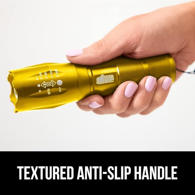 Gorilla Grip Powerful LED 750 FT Water Resistant 5 Adjustable Mode Tactical Flashlight, High Lumens Ultra Bright Battery Life Zoom Flashlights, Small Camping Car Mini Flash Light Accessories, Gold