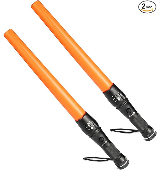 ULTRAFIRE 2PCS 16-Inch Signal Traffic Wand Safty LED Flashlight 980 Lumen, 5 Modes, Red Flashing Mode, Wrist Strap Lanyard, Magnetic Base, Orange Finish, for Kids Outdoor Camping Emergency, A200