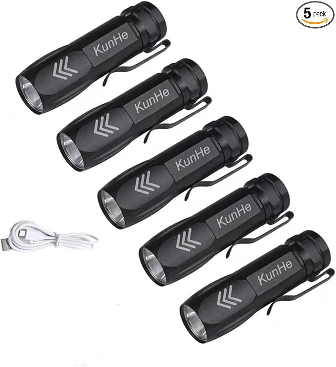 KunHe 5 Pack Mini Small Pocket LED Flashlight, USB Rechargeable Flashlights, High Lumens Bright Powerful EDC Flash Lights, Handheld Flashlights Bulk, Compact Pocket Flashlight with Belt Clip
