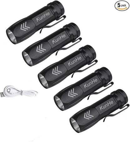 KunHe 5 Pack Mini Small Pocket LED Flashlight, USB Rechargeable Flashlights, High Lumens Bright Powerful EDC Flash Lights, Handheld Flashlights Bulk, Compact Pocket Flashlight with Belt Clip