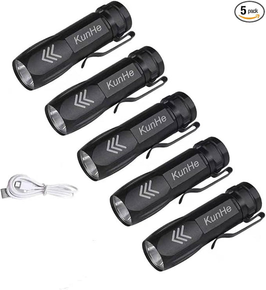 KunHe 5 Pack Mini Small Pocket LED Flashlight, USB Rechargeable Flashlights, High Lumens Bright Powerful EDC Flash Lights, Handheld Flashlights Bulk, Compact Pocket Flashlight with Belt Clip