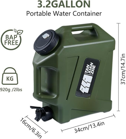 3.2 Gallon Water Jug Camping Water Container, BPA Free Portable Emergency Water Storage Tank with Spigot No Leakage Outdoor Hiking Green