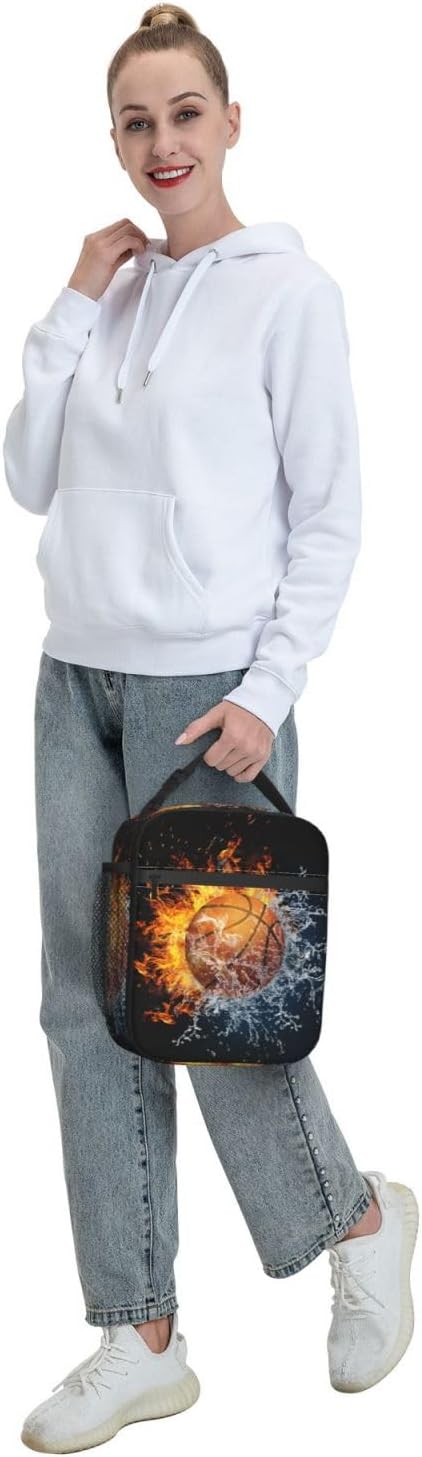 Fire And Water Basketball Portable Lunch Box, Cooler Bags Insulated Thermal Lunch Tote Bag with Shoulder Strap For Women Men Adults Work Travel