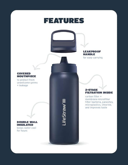 LifeStraw Go Series – Insulated Stainless Steel Water Filter Bottle for Travel and Everyday use removes Bacteria, parasites and microplastics, Improves Taste, 24oz Nordic Noir