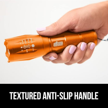 Gorilla Grip Powerful LED 750 FT Water Resistant 5 Adjustable Mode Tactical Flashlight, High Lumens Ultra Bright Battery Life Zoom Flashlights, Small Camping Car Mini Flash Light Accessories, Orange