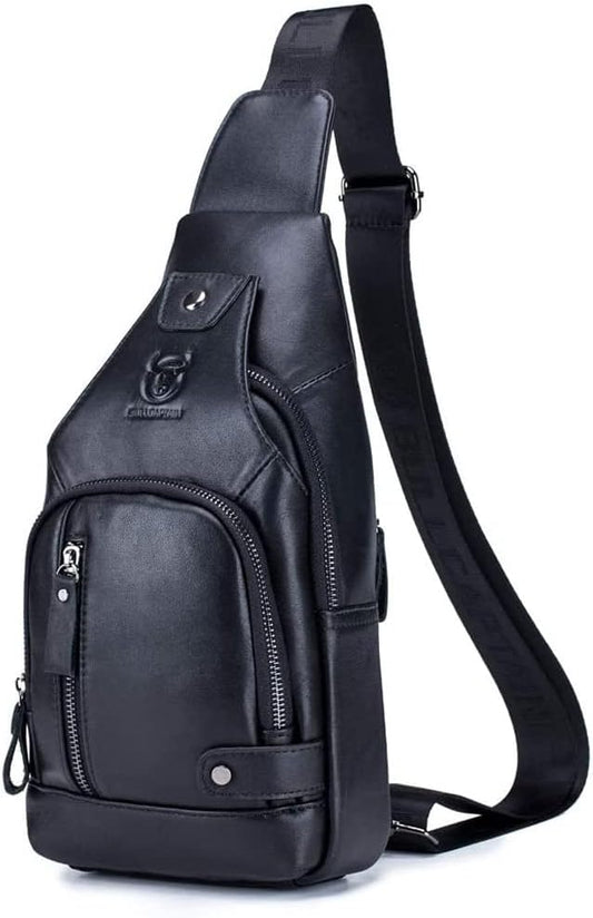 KPYWZER Genuine Leather Sling Backpack with USB Charging Port Chest Bag Outdoor Hiking Travel Daypack Black