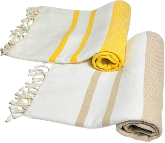2 Pack Cotton Oversized Beach Towel Turkish Peshtemal Quick Dry Absorbent Lightweight Washable Sand Free Blanket Summer Camp Swim Pool Travel Compact (Caramel Beige and Gold Yellow)