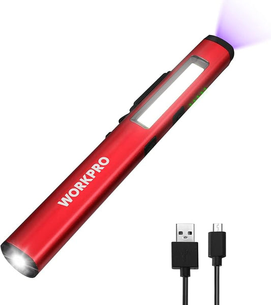 WORKPRO Rechargeable Pen Light, 450 Lumen LED Flashlight with 365 nm UV Black Light, Multifunctional Penlight for Mechanic Emergency Outdoor