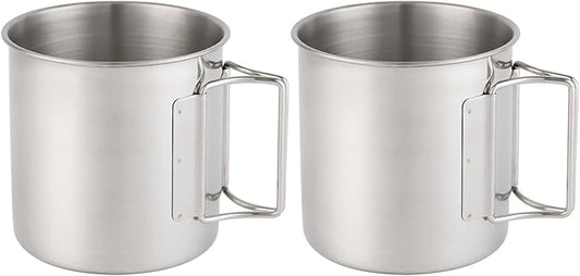 Stainless Steel Camping Mugs Outdoors Cup with Foldable Handle 2 Piece Set 660ml/22.3oz Great for Backpacking , Hiking, Hunting, Fishing and Survival Adventure