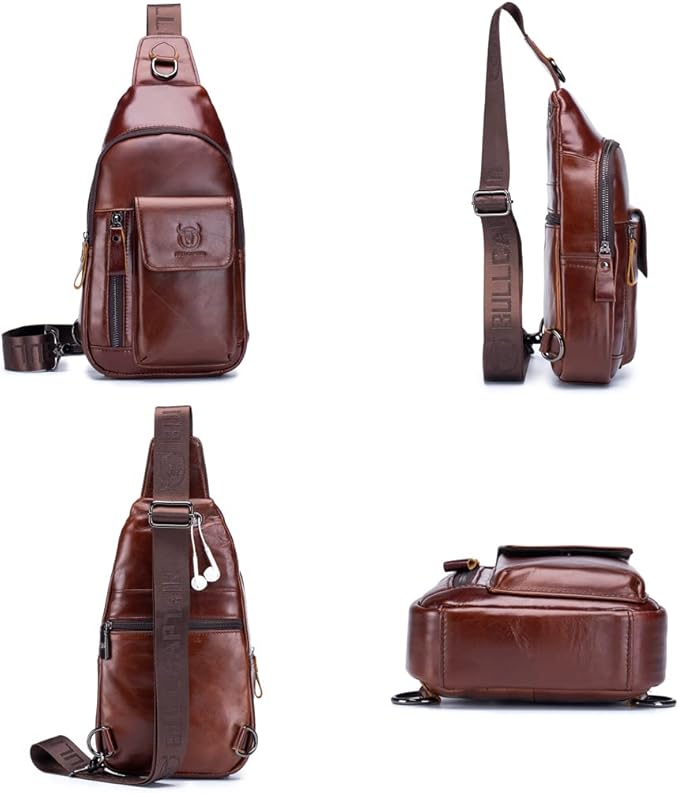 KPYWZER Leather Sling Bag Hiking Daypack for Men Women Outdoor Travel Camping Fishing Crossbody Shoulder Chest Pack Backpack Daypack Brown