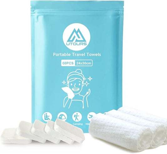 60PCS Compressed Towels, Reusable Toilet Paper Tablets Coin Tissues Camping Wipes, Portable Towels for Home Beauty and Outdoors Hiking