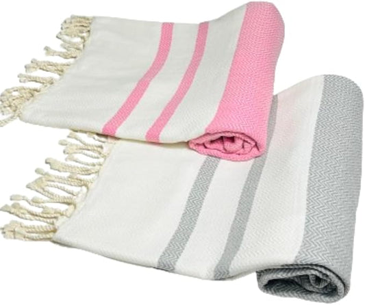2 Oversize Cotton Travel Towel Pack Quick Dry Beach Camping Pool Hiking Compact Portable Lightweight Absorbent Breathable Keep Warm Airplane Blanket (Baby Pink and Silver Gray)