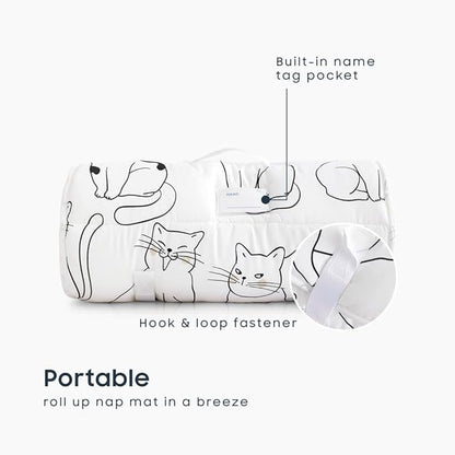 Wake In Cloud - Toddler Nap Mat with Pillow and Blanket, 100% Cotton Fabric, for Kids Boys Girls in Daycare Kindergarten Preschool, Roll Up Sleeping Bag, Black White Cats, Extra Long