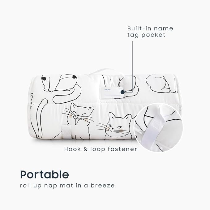 Wake In Cloud - Toddler Nap Mat with Pillow and Blanket, 100% Cotton Fabric, for Kids Boys Girls in Daycare Kindergarten Preschool, Roll Up Sleeping Bag, Black White Cats, Standard