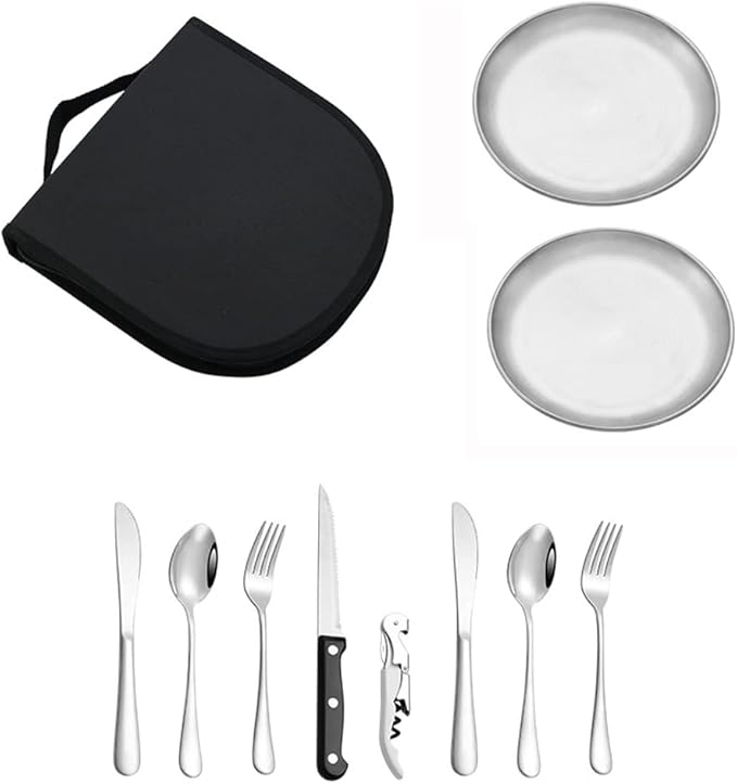 Metal Camping Utensil Set, Camping Silverware Set for 2, Reusable Travel Cutlery Set with Case Include Knife Fork Spoon Dish and Beer Cap Opener 10PCS Set