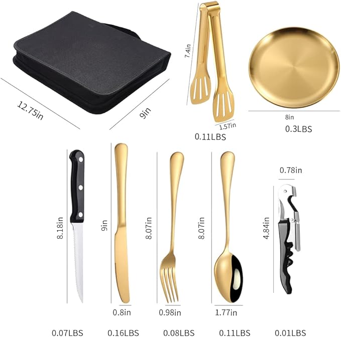 Picnic Dishes Utensils Gold Camping Flatware Set for 4 Portable Tableware Plates Silverware Forks Spoons Knives Bottle Opener Food Tongs Complete Kit with Zipper Bag