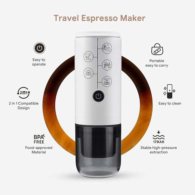 BENFUCHEN 3-in-1 Portable Espresso Machine With NO Heating Function, Type-C Charging Electric Espresso Maker, 17 Bar Mini Coffee Maker For NESPRESSO/DolceGusto pods & Ground Coffee On the Go, White