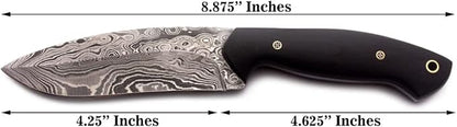 Handmade Damascus Steel Knife Bowie for Hunting,Survival,Camping,Bushcraft,and Fishing-Fixed Blade with Recurve Full Tang Micarta Handle with Cowhide-Leather Sheath WKD-772