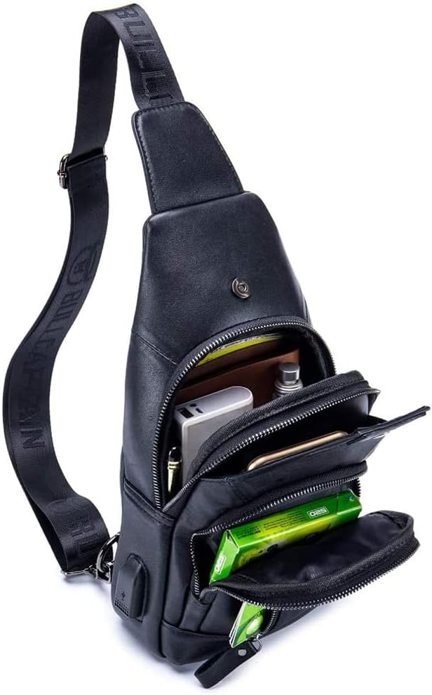 KPYWZER Genuine Leather Sling Backpack with USB Charging Port Chest Bag Outdoor Hiking Travel Daypack Black