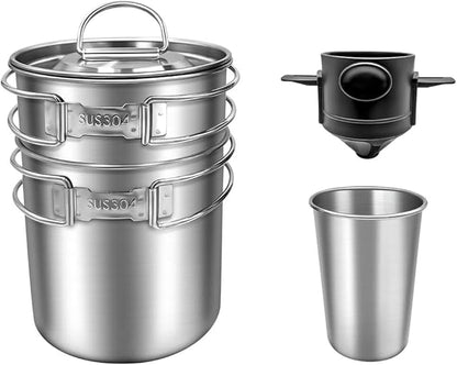 2Pcs 4Pcs Foldable Camping Cups and Mugs Pot 304-Food-Grade Stainless Steel Outdoor-cookware-Set with Vented lid