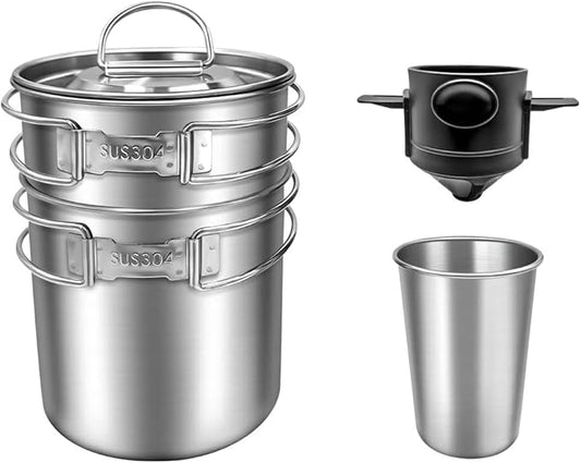 2Pcs 4Pcs Foldable Camping Cups and Mugs Pot 304-Food-Grade Stainless Steel Outdoor-cookware-Set with Vented lid