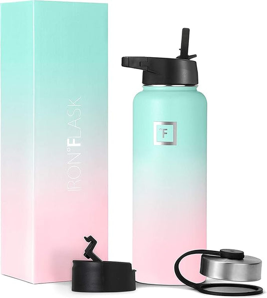 IRON °FLASK Camping & Hiking Hydration Flask, Wide Mouth, 3 Straw Lids, Stainless Steel Outdoor Water Bottle, Double Walled, Insulated Thermos, Metal Canteen - Bubble Gum, 18 Oz