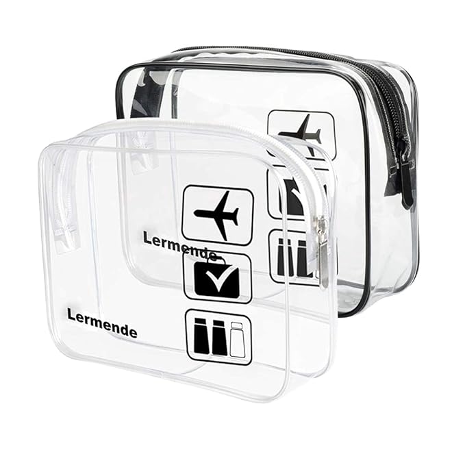 Lermende 2pcs Clear Toiletry Bag TSA Approved Travel Bag,Carry On for Travel,Airport Airline Accessories Compliant Bag,Quart Sized Makeup Cosmetic bag Women Men (Black Clear, 2 Pack)