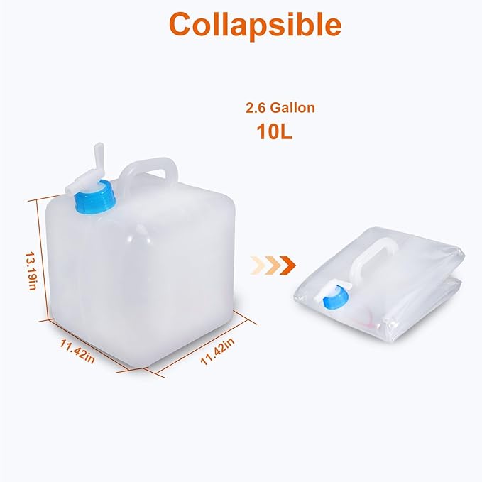 2 Pack Collapsible Water Container with Spigot 2.6 Gallon, Foldable Camping Water Storage Jug Portable Water Canteen for Outdoor Hiking, Fishing, Emergency