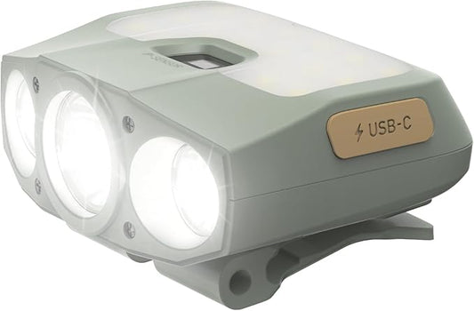 Claymore Capon 200H (Mint Gray) - Rechargeable Clip-On Cap Light, 1000 Lumens, Adjustable 180° Angle, Waterproof. Lasting Battery for Camping, Hiking, Fishing, Running.