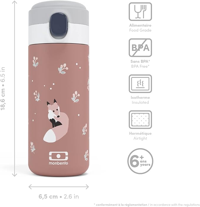 MONBENTO - Insulated Water Bottle MB Pop cinnamon Fox - 11 floz/360ml Leakproof Metal Water Bottle - Keeps Drinks Hot/Cold - Stainless Steel Bottle for Kids & Adult - Sports Cap - BPA Free - Fox