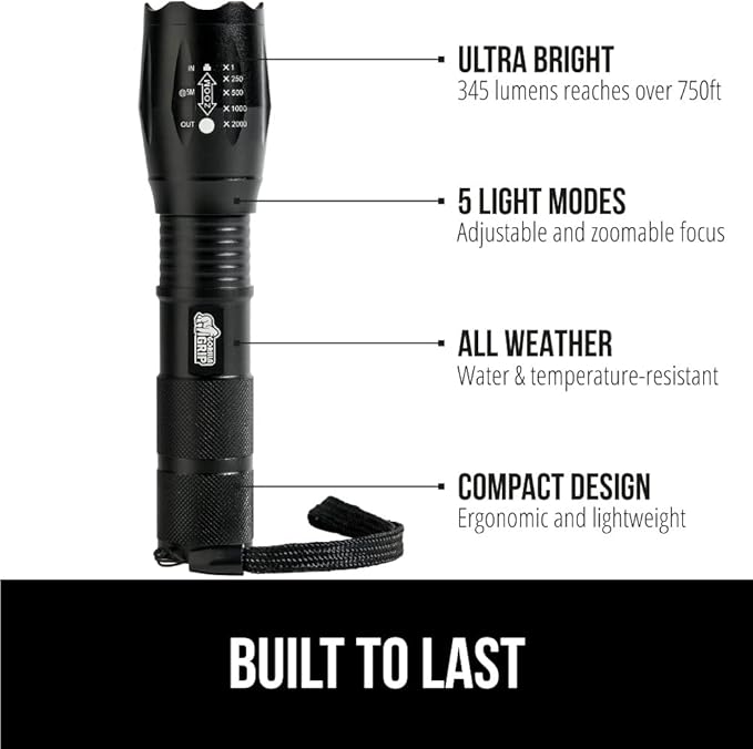 Gorilla Grip Powerful LED 750 FT Water Resistant 5 Adjustable Mode Tactical Flashlight, High Lumens Ultra Bright Battery Zoom Flashlights, Small Camping Car Mini Flash Light Accessories, 2 Pack Black