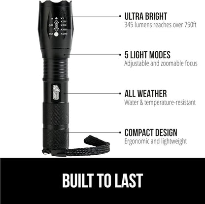 Gorilla Grip Powerful LED 750 FT Water Resistant 5 Adjustable Mode Tactical Flashlight, High Lumens Ultra Bright Battery Zoom Flashlights, Small Camping Car Mini Flash Light Accessories, 2 Pack Black