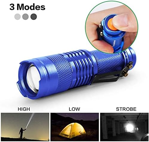 MODOAO 6 Pack,7W 300LM SK-68 3 Modes Mini Light Black Q5 LED Tactical Flashlight, LED Mini Flashlights,Adjustable Focus Zoomable Tactical Flashlight for Camping Hiking Emergency（Blue