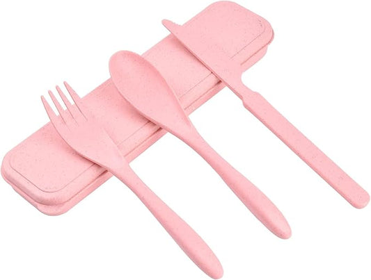 1 PCS Reusable Utensils Set with Case, Camping Utensils Plastic Spoons and Forks Sets for Lunch Box Accessories, Portable Cutlery Set for Kids Adults Travel Picnic Office Lunch Daily Use(Pink)