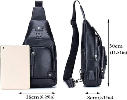 KPYWZER Genuine Leather Sling Backpack with USB Charging Port Chest Bag Outdoor Hiking Travel Daypack Black