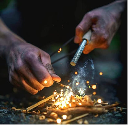 Dextreme Ferro Rod Flint Fire Starter Kit with Handcrafted Wood Handle, Coton Tinder, Transport Bag Multi-Tool Striker Paracord Lanyard for Camping Gear 12,000+ Strikes 5/16'' Thick Bushcraft Survival