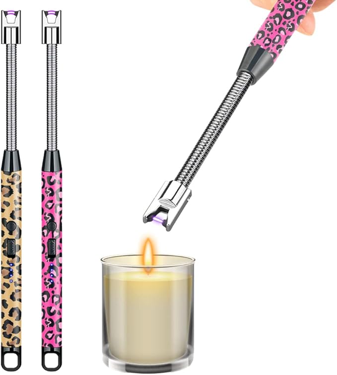 2 Pack Candle Lighter,Arc Lighter with USB Charging,Flameless Windproof,LED Battery Display,Safety Switch,Rotate 360 Degrees,for Aromatherapy,Candles,BBQ,Camping. (Leopard Print)