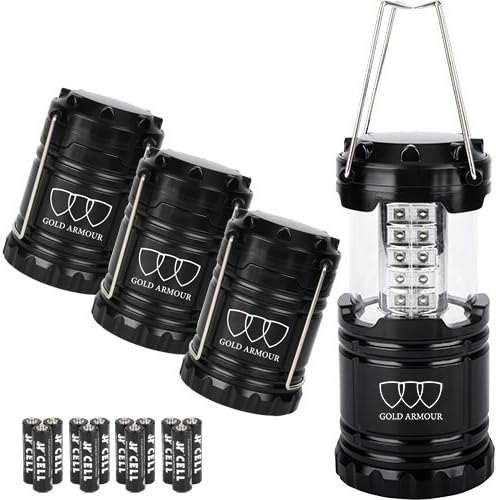 4 Pack LED Camping Lantern Portable Flashlight with 12 aa Batteries - Survival Kit for Emergency, Hurricane, Power Outage Great Christmas Gift (Midnight Black)