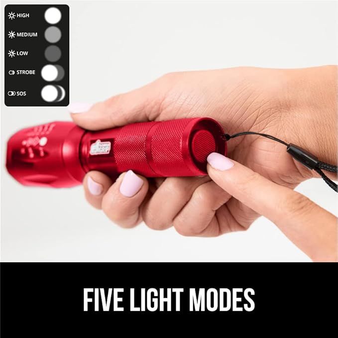 Gorilla Grip Powerful LED 750 FT Water Resistant 5 Adjustable Mode Tactical Flashlight, High Lumens Ultra Bright Battery Life Zoom Flashlights, Small Camping Car Mini Flash Light Accessories, Red